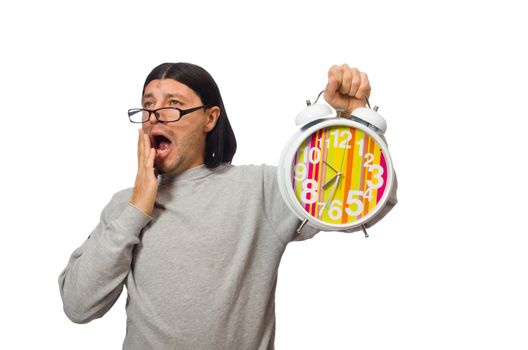 Funny man waking up in the morning on white