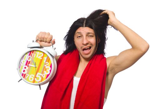 Funny man waking up in the morning on white
