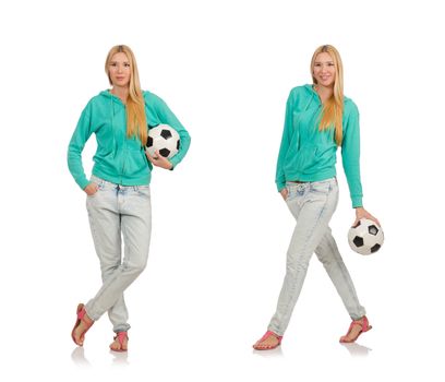 Woman with football on white