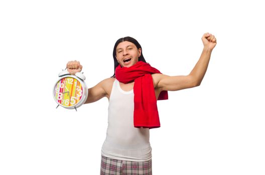 Funny man waking up in the morning on white