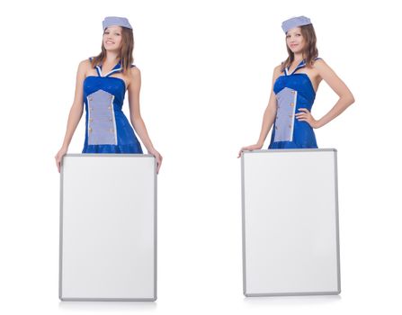 Young woman with blank board on white