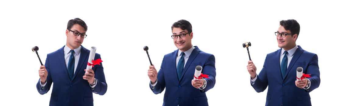 Lawyer law student with a gavel isolated on white background