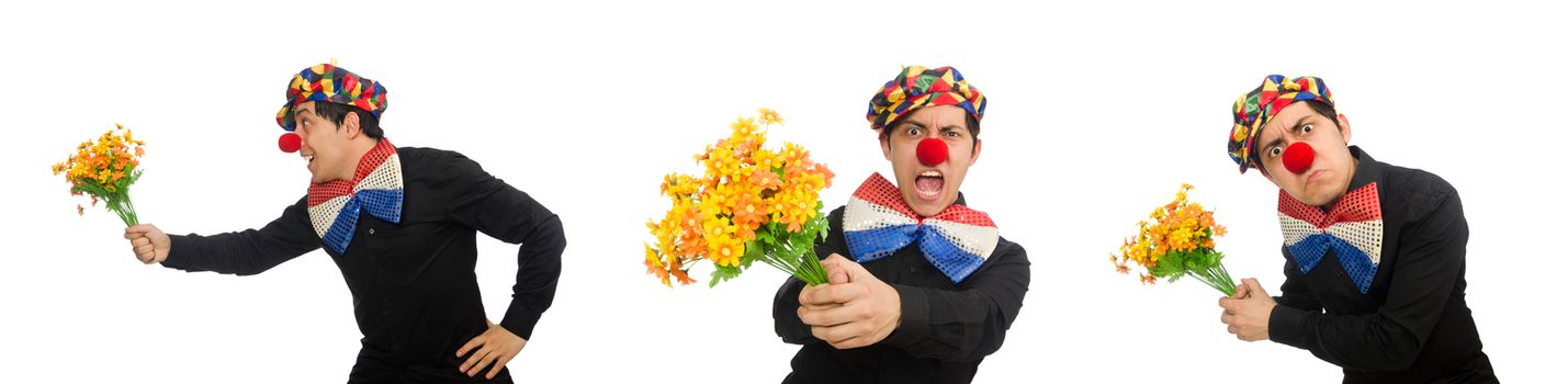 Funny clown with flowers isolated on white
