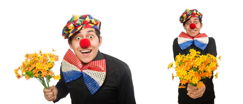 Funny clown with flowers isolated on white