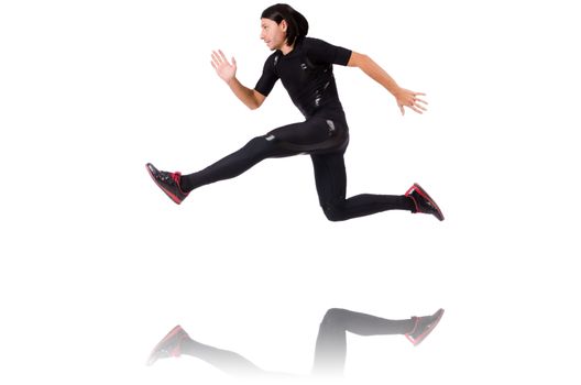Young man doing exercises isolated on white