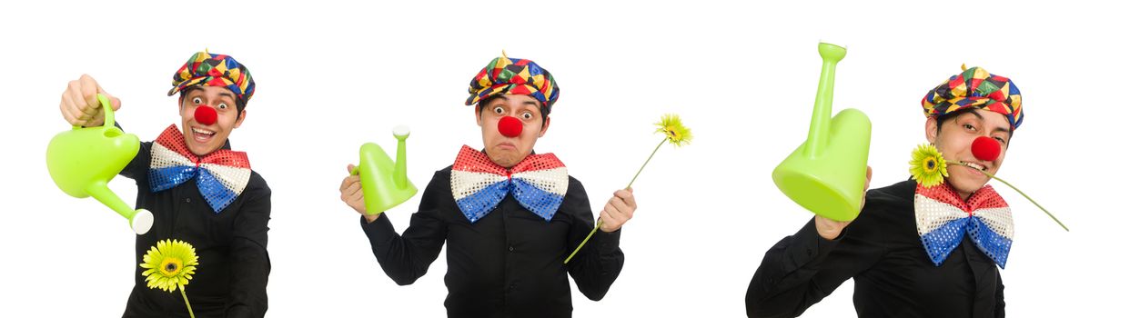 Funny clown with flowers isolated on white