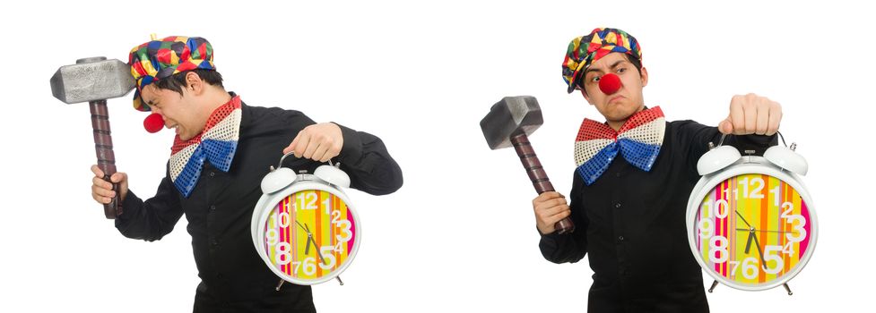 Funny clown with hammer and clock on white