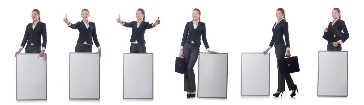 Woman businesswoman with blank board on white