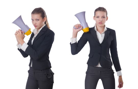 Woman with loudspeaker on white