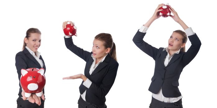 Woman businesswoman with piggybank on white