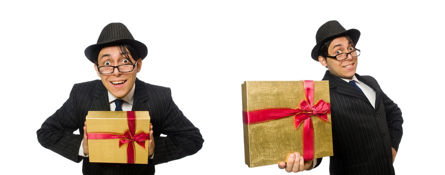 Funny man with giftbox on white