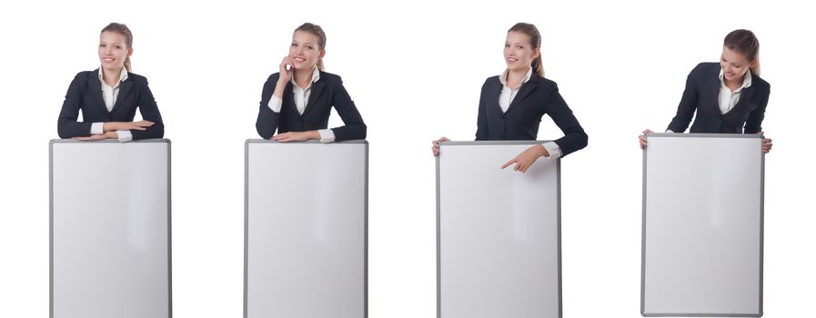 Woman businesswoman with blank board on white