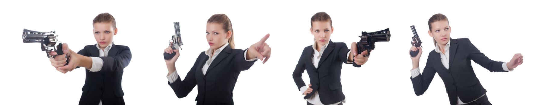 Woman businesswoman with gun on white