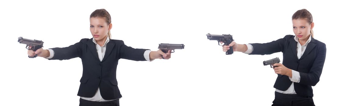 Woman businesswoman with gun on white