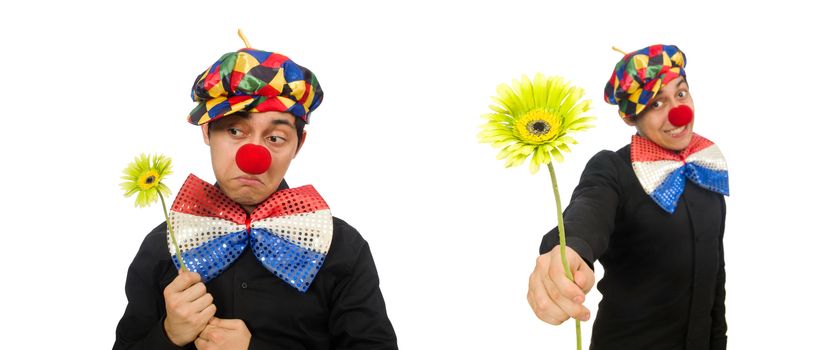 Funny clown with flowers isolated on white