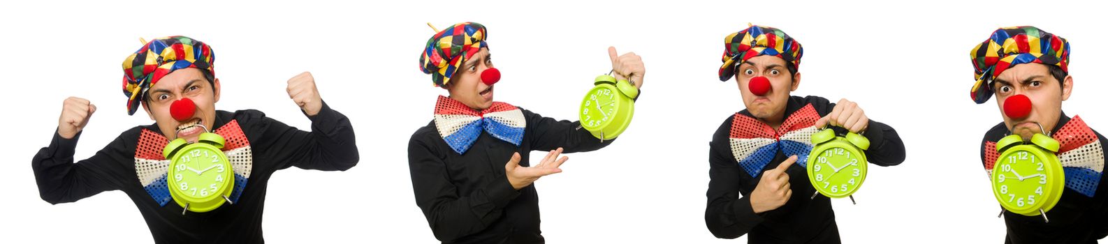 Funny clown with clock isolated on white