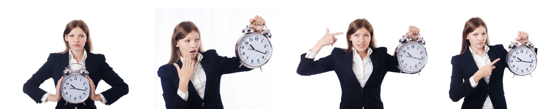 Businesswoman with clock isolated on white