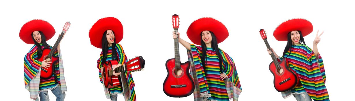 Woman mexican guitar player on white