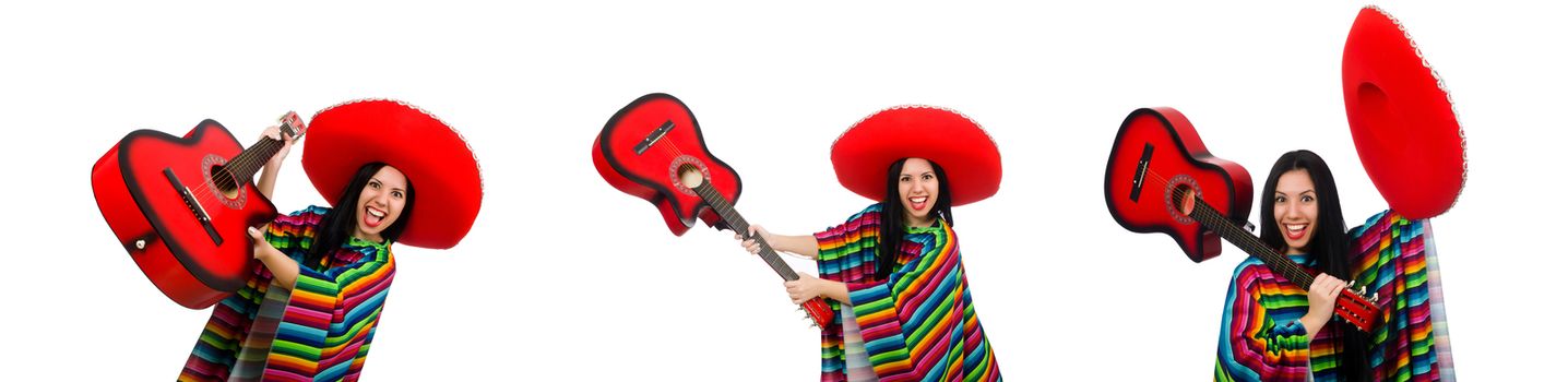 Woman mexican guitar player on white