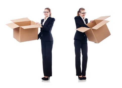 Woman businesswoman with boxes on white
