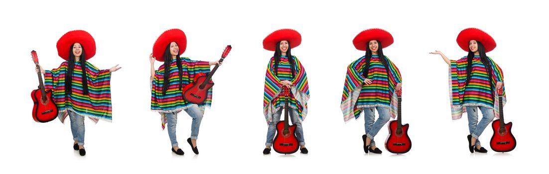 Woman mexican guitar player on white