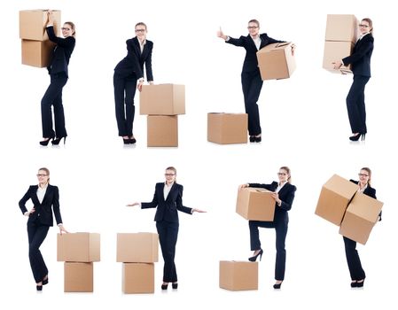 Businesswoman with boxes isolated on white