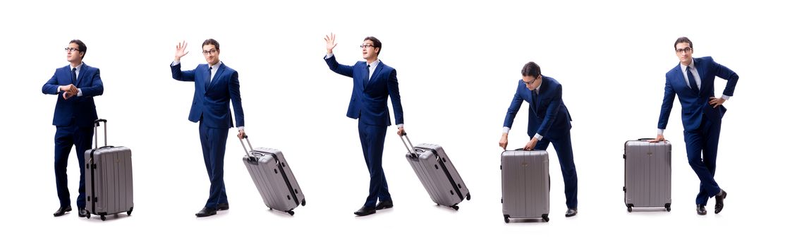 Young businessman with suitcase isolated on white background