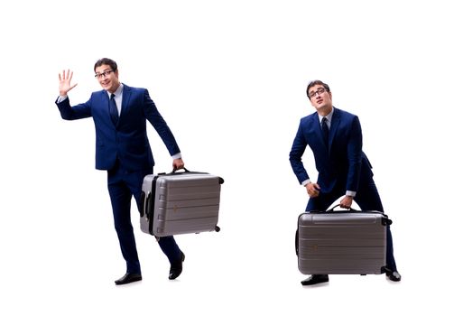 Young businessman with suitcase isolated on white background