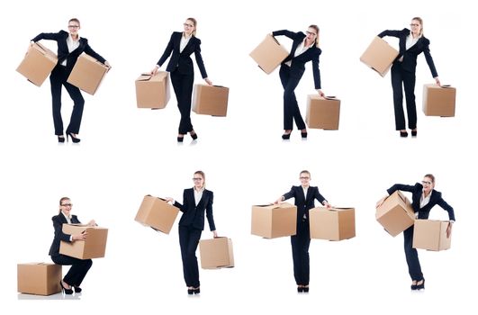 Woman businesswoman with boxes on white