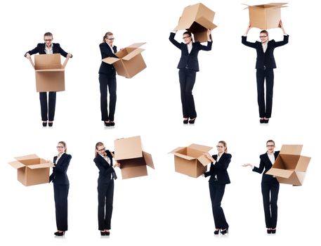 Woman businesswoman with boxes on white