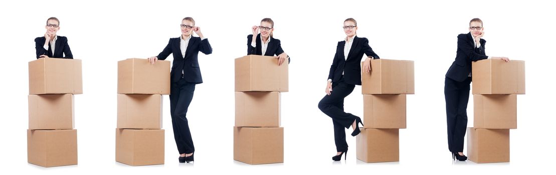 Woman businesswoman with boxes on white