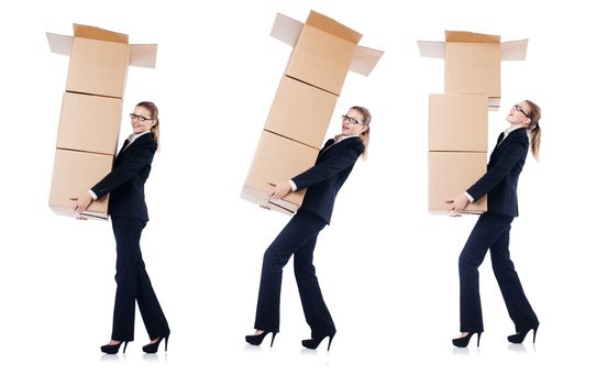 Businesswoman with boxes isolated on white