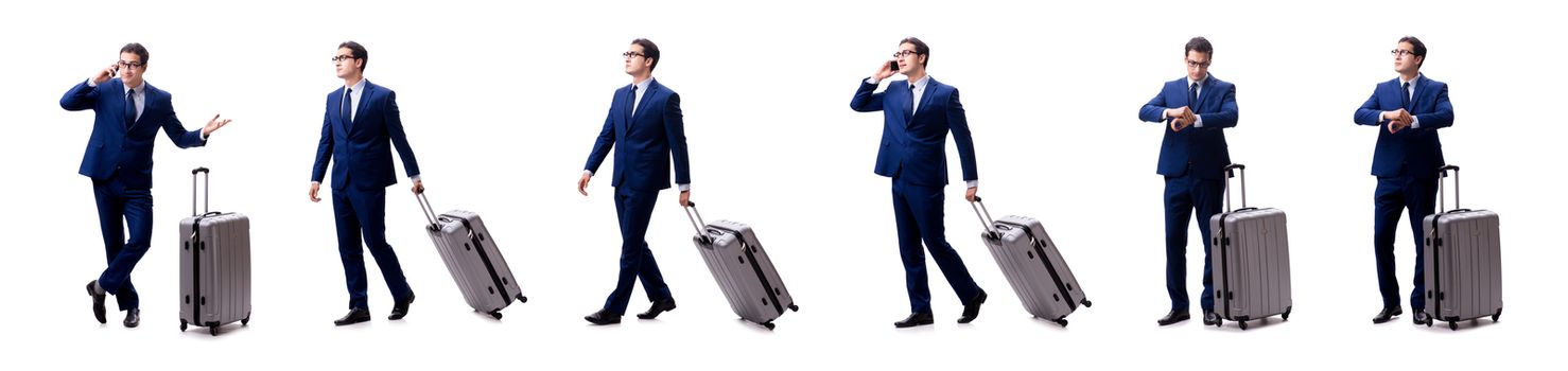 Young businessman with suitcase isolated on white background
