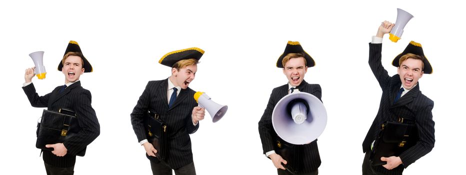 Young man in costume with pirate hat and megaphone isolated on white