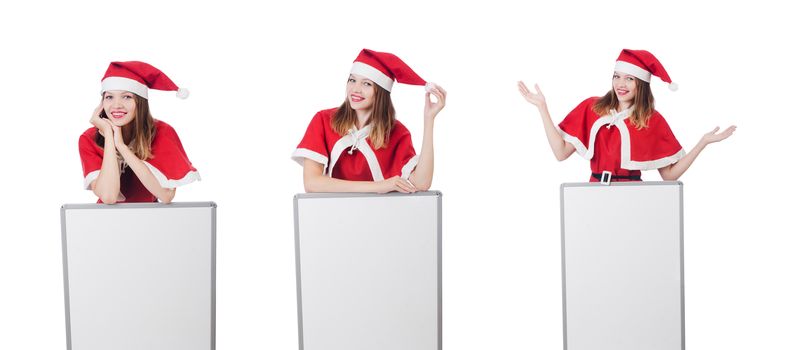 Young woman in red santa costume on white