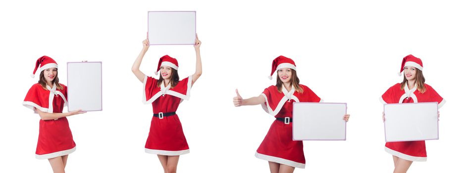 Young woman in red santa costume on white