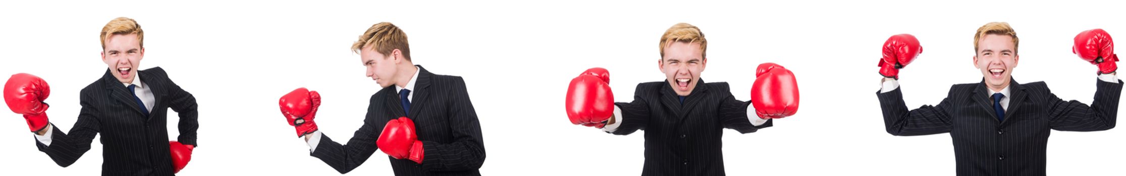 Young employee with boxing gloves isolated on white 