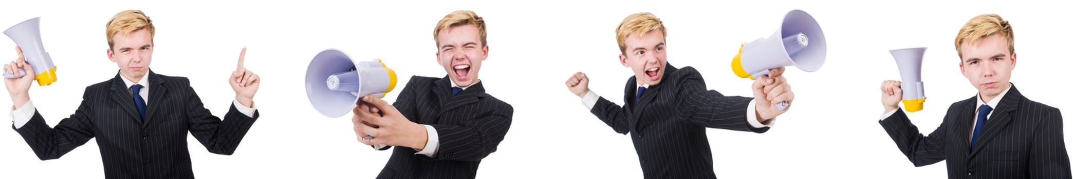 Young man with loudspeaker on white 