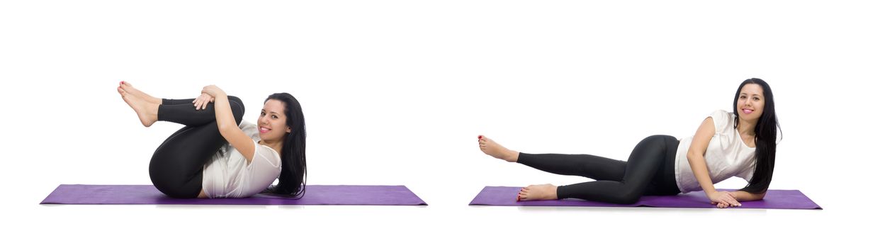 Woman doing exercises on white