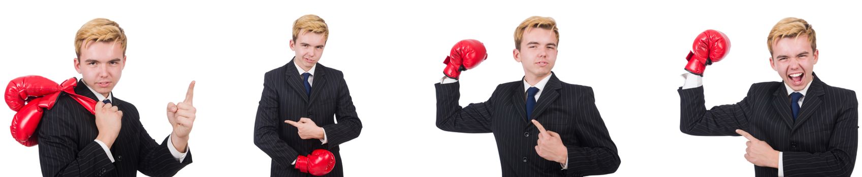 Young employee with boxing gloves isolated on white 