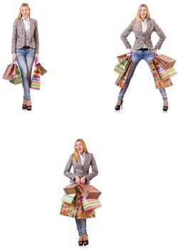 Beautiful woman with shopping bags isolated on white