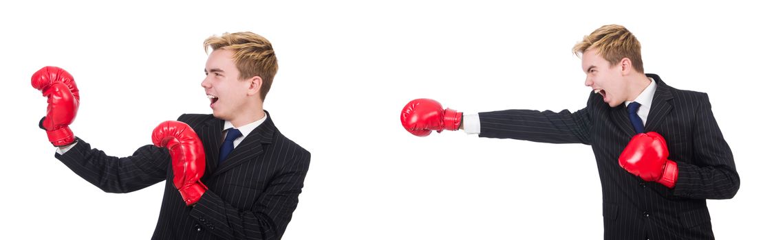 Young employee with boxing gloves isolated on white 