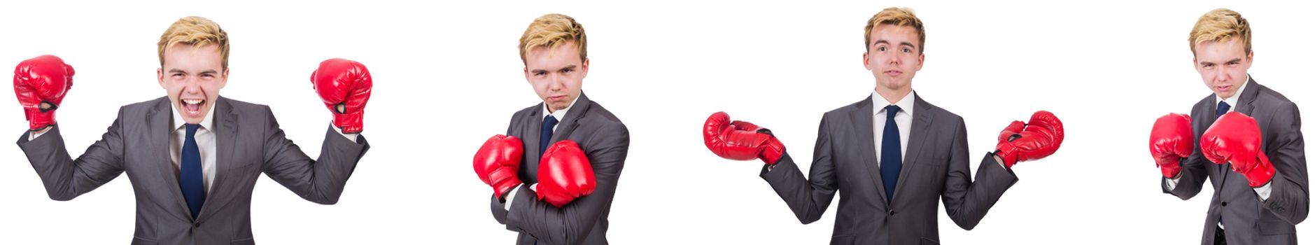 Young employee with boxing gloves isolated on white 