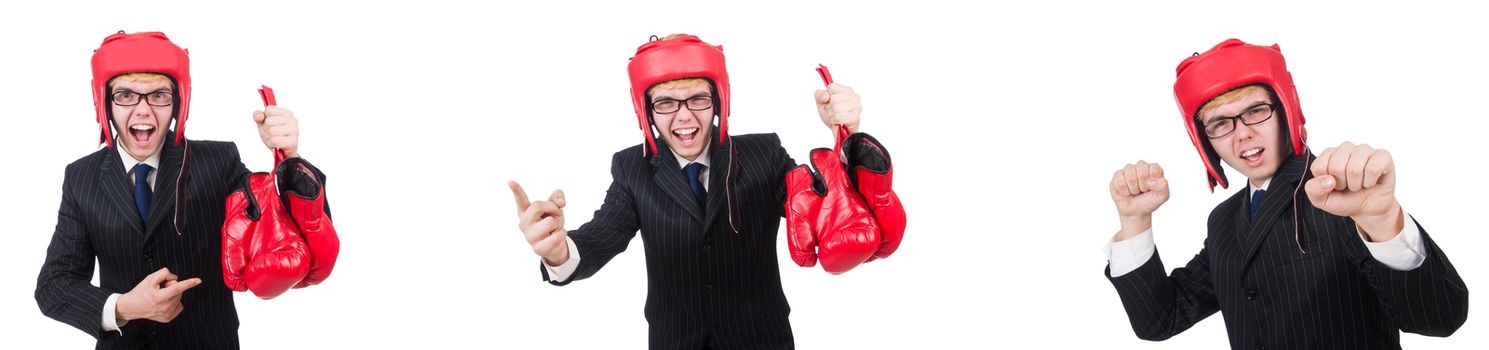 Young employee with boxing gloves isolated on white 
