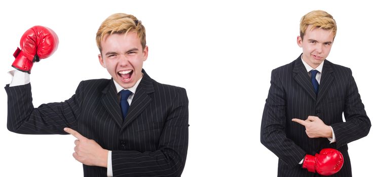 Young employee with boxing gloves isolated on white 