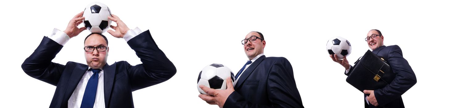Funny man with football isolated on white
