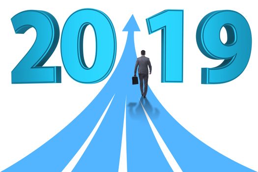 Businessman running into year of 2019