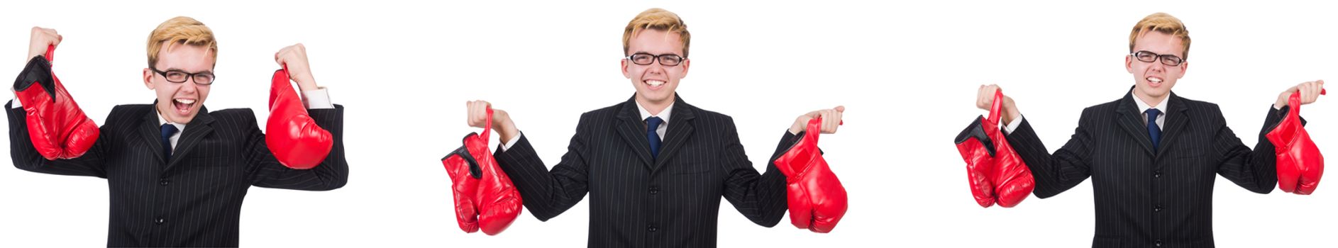 Young employee with boxing gloves isolated on white 