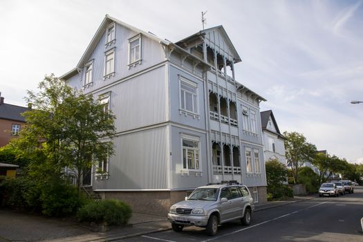 Reykjavik, Iceland, July 2019: view on the historical houses of Midstraeti, Reykjavik, Iceland