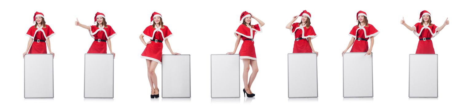 Young woman in red santa costume on white